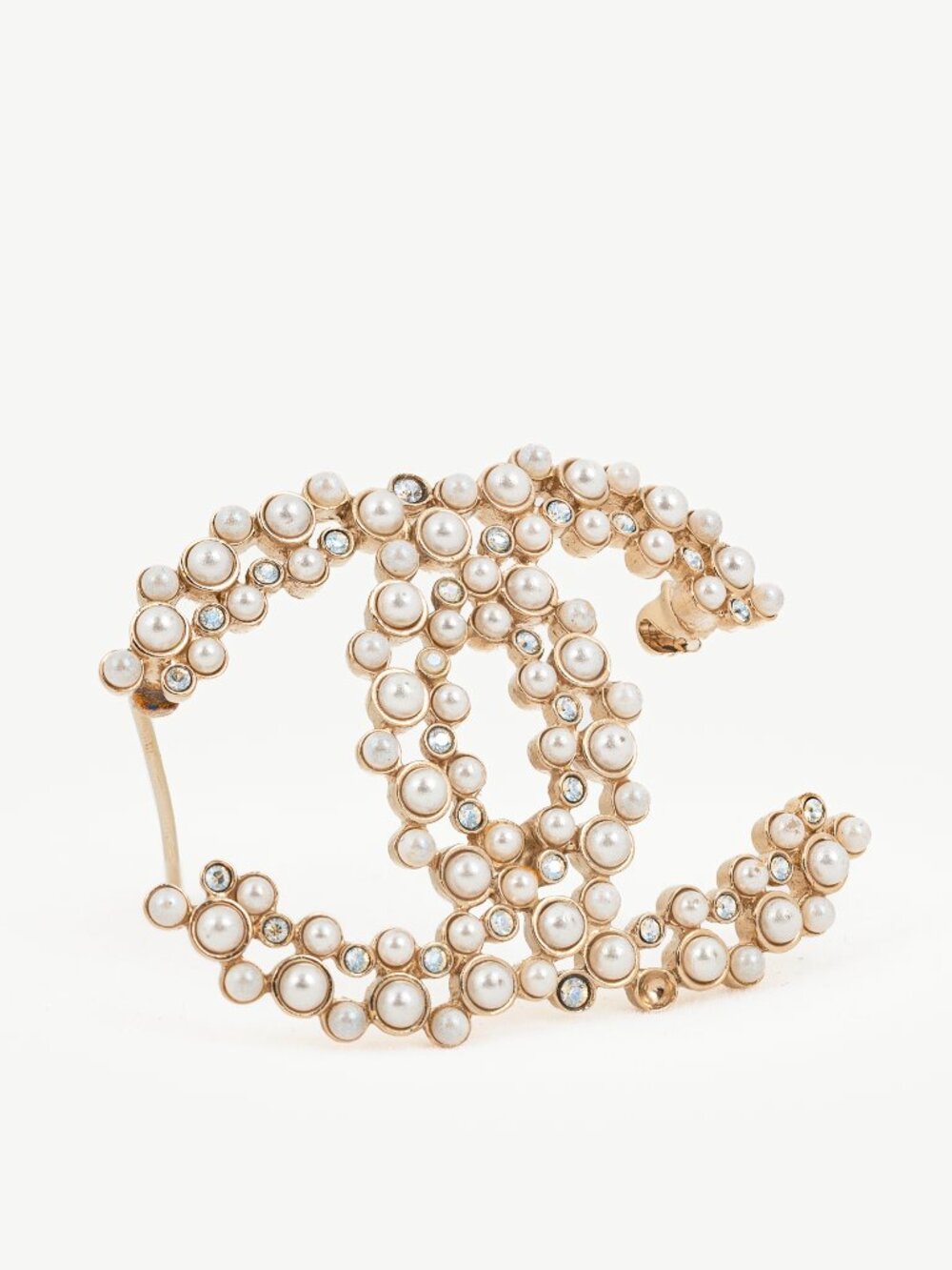Chanel 19B Gold-Tone Faux-Pearl & Crystal-Embellished CC Brooch